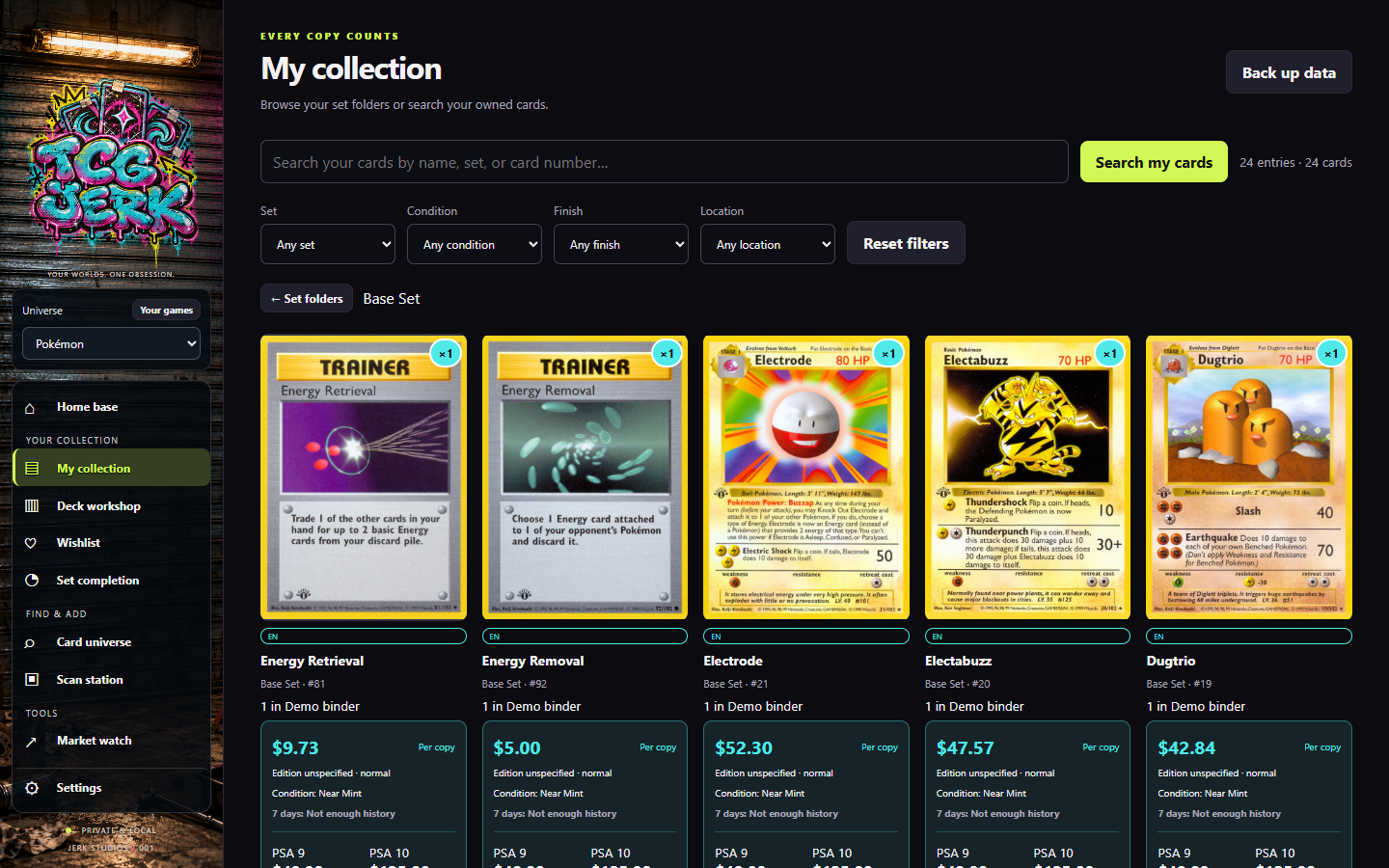 TCG Jerk collection showing owned Pokémon cards and their details