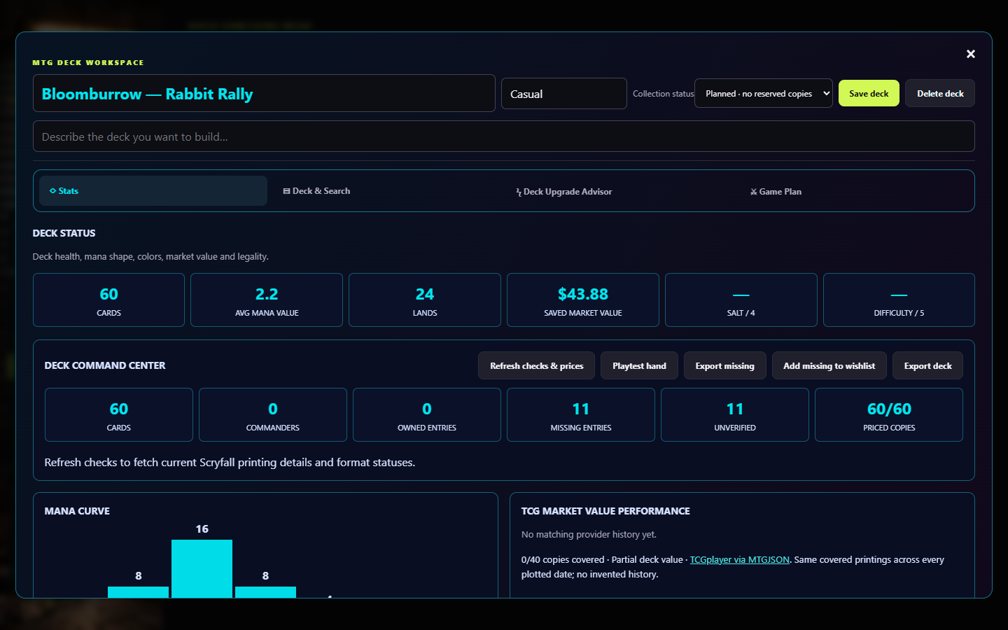 Deck Workshop with deck statistics and estimated market value